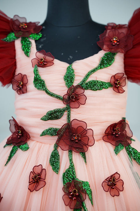 Pre-Order: Maroon and peach double shade couturegown with frilled sleeves and handcrafted flowers and leaves