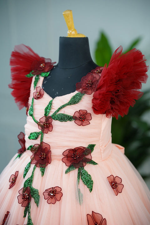 Pre-Order: Maroon and peach double shade couturegown with frilled sleeves and handcrafted flowers and leaves
