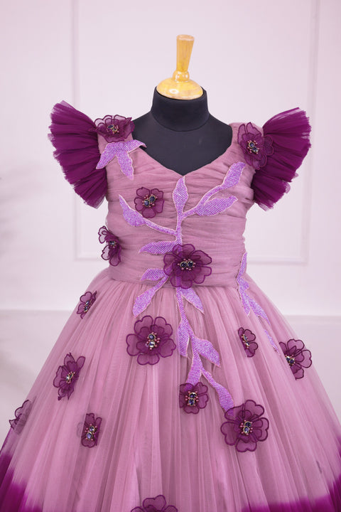 Pre-Order: Plum purple and onion pink colour gradient heavy frill gown with hand crafted embellishments and frilled sleeves