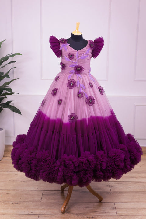 Pre-Order: Plum purple and onion pink colour gradient heavy frill gown with hand crafted embellishments and frilled sleeves