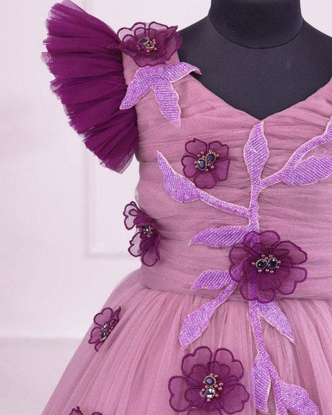 Pre-Order: Plum purple and onion pink colour gradient heavy frill gown with hand crafted embellishments and frilled sleeves
