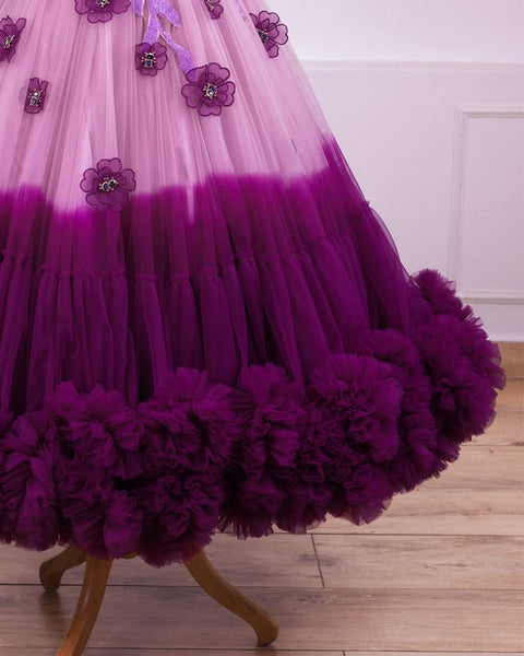 Pre-Order: Plum purple and onion pink colour gradient heavy frill gown with hand crafted embellishments and frilled sleeves