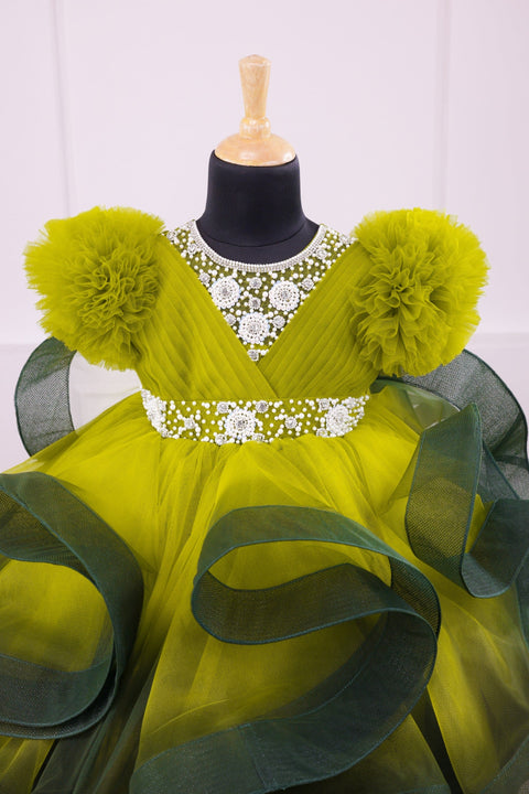 Pre-Order: Olive green and dark green twirled gown with rich white bead work gown