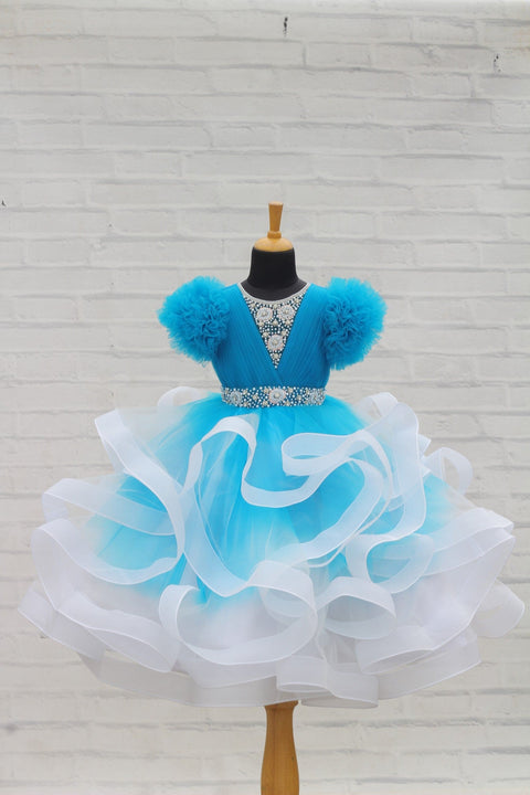 Pre-Order: Sea blue and white twirled gown with rich white bead work gown