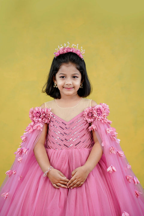 Pre-Order: Wild rose pink shade ball gown with detachable sleeve trail