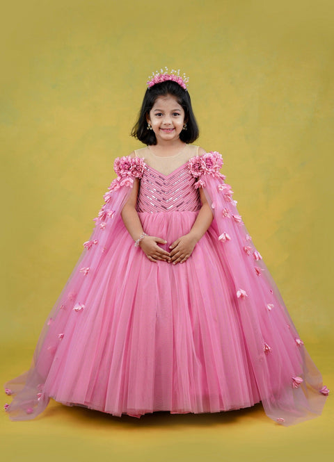 Pre-Order: Wild rose pink shade ball gown with detachable sleeve trail
