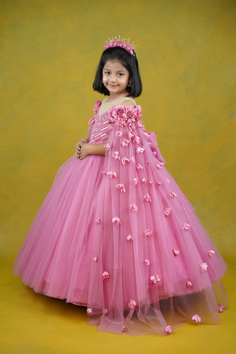 Pre-Order: Wild rose pink shade ball gown with detachable sleeve trail