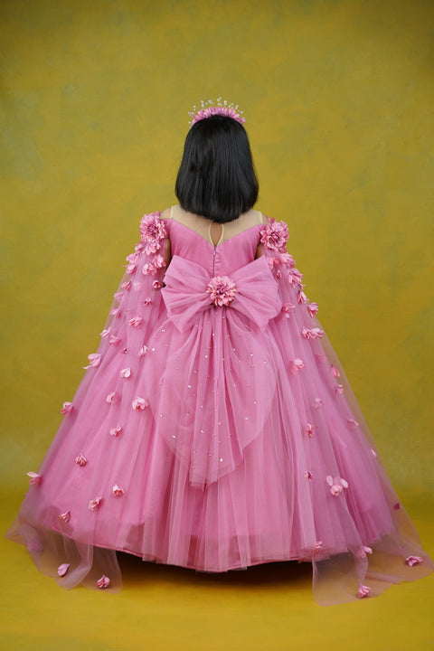 Pre-Order: Wild rose pink shade ball gown with detachable sleeve trail