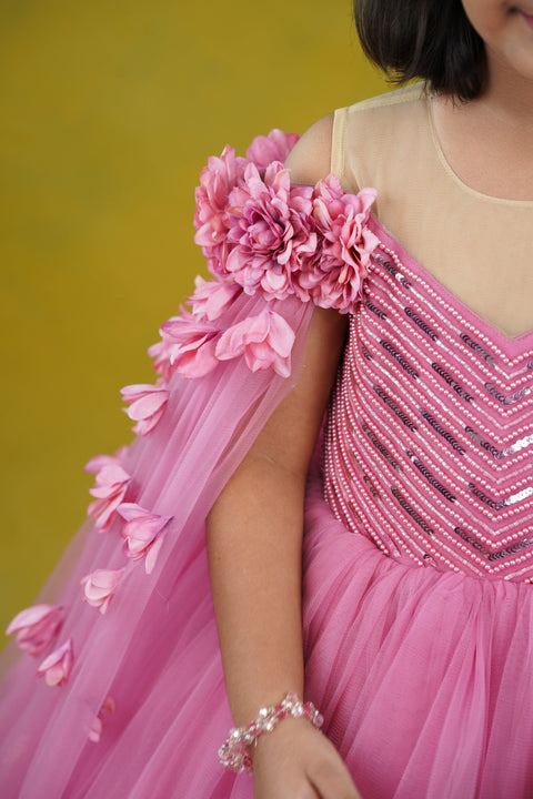 Pre-Order: Wild rose pink shade ball gown with detachable sleeve trail
