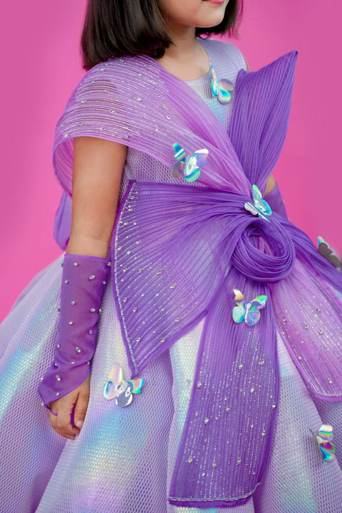 Pre-Order: Lavender rainbow shimmer panel gown with fabric manipulated twirled detailing