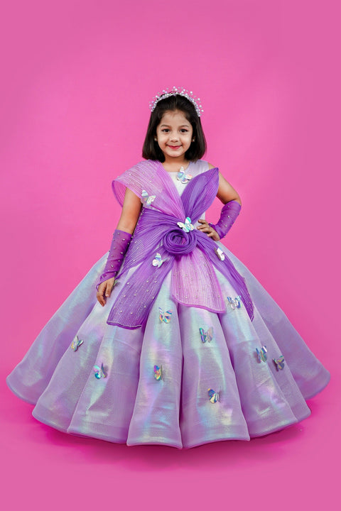 Pre-Order: Lavender rainbow shimmer panel gown with fabric manipulated twirled detailing