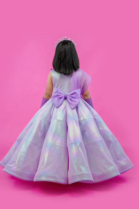 Pre-Order: Lavender rainbow shimmer panel gown with fabric manipulated twirled detailing