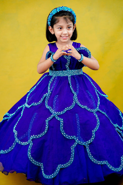 Pre-Order: Dark royal blue and sea blue combo rich handcrafted petal gown