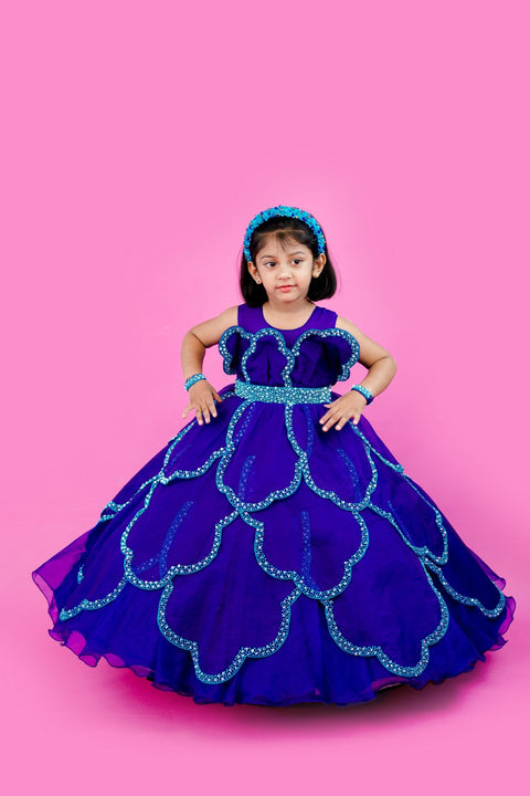 Pre-Order: Dark royal blue and sea blue combo rich handcrafted petal gown