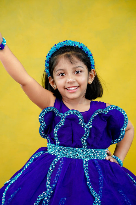Pre-Order: Dark royal blue and sea blue combo rich handcrafted petal gown