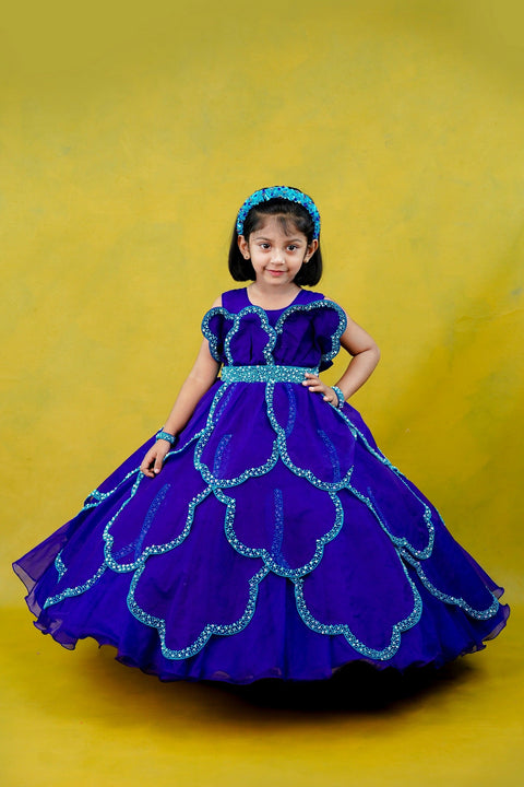 Pre-Order: Dark royal blue and sea blue combo rich handcrafted petal gown