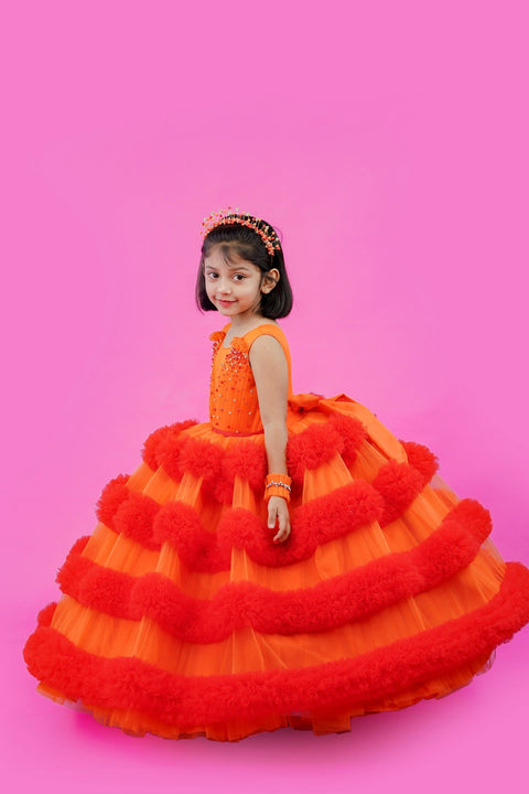Pre-Order: Orange and deep reddish orange combo frilled ball gown