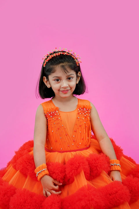 Pre-Order: Orange and deep reddish orange combo frilled ball gown