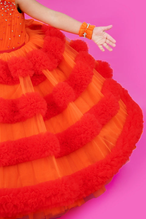 Pre-Order: Orange and deep reddish orange combo frilled ball gown