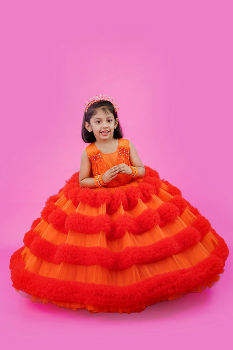 Pre-Order: Orange and deep reddish orange combo frilled ball gown