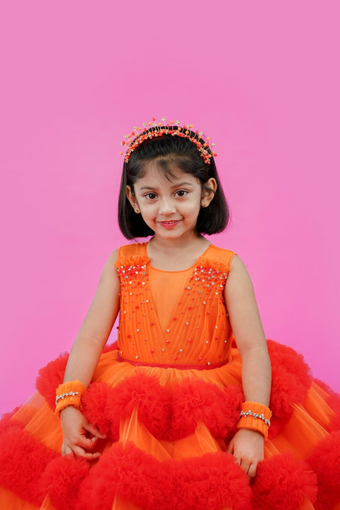 Pre-Order: Orange and deep reddish orange combo frilled ball gown