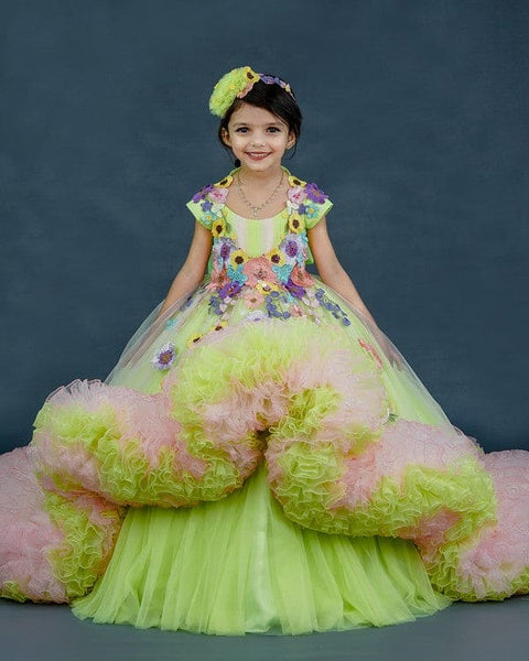 Pre-Order: Light neon green and powder pink combo  floral theme gown