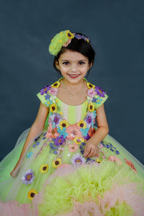 Pre-Order: Light neon green and powder pink combo  floral theme gown