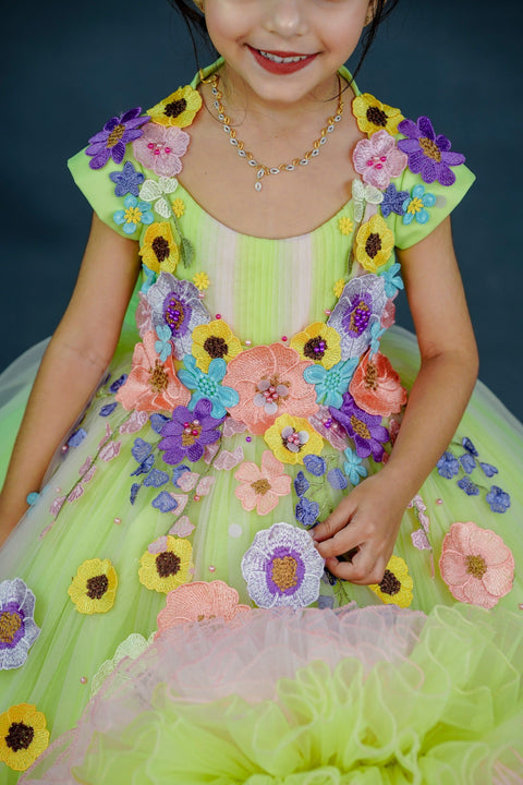 Pre-Order: Light neon green and powder pink combo  floral theme gown