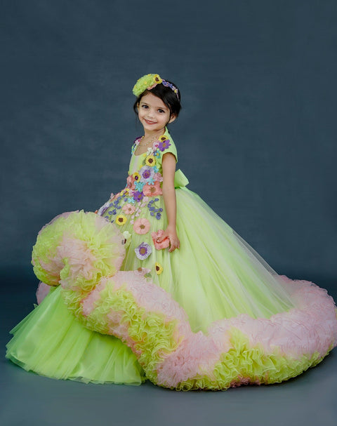Pre-Order: Light neon green and powder pink combo  floral theme gown