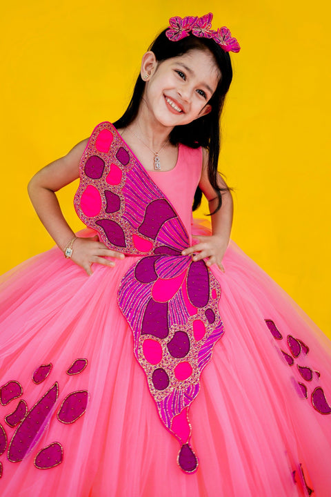 Pre-Order: Flamingo pink gown with handcrafted butterfly wings