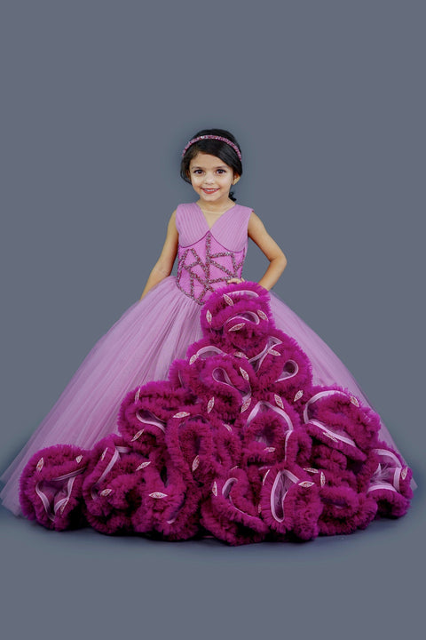 Pre-Order: Lilac with deep magenta combo couture gown with frill details