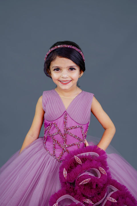 Pre-Order: Lilac with deep magenta combo couture gown with frill details