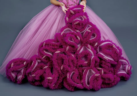 Pre-Order: Lilac with deep magenta combo couture gown with frill details