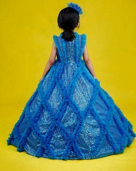 Pre-Order: Dark powder blue sequin gown with frill details