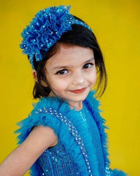 Pre-Order: Dark powder blue sequin gown with frill details