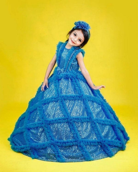 Pre-Order: Dark powder blue sequin gown with frill details