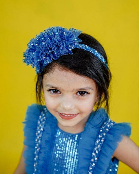 Pre-Order: Dark powder blue sequin gown with frill details