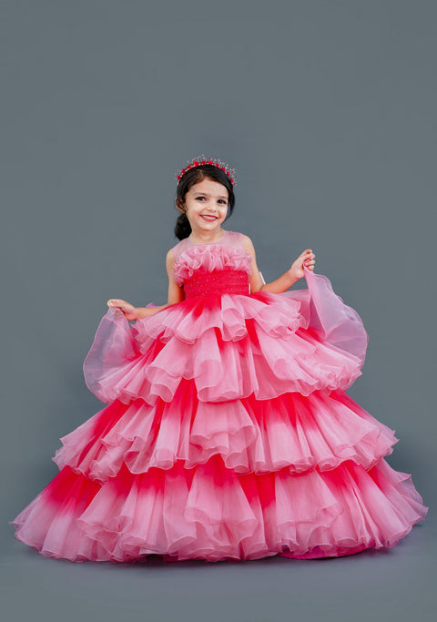 Pre-Order: Pink and coral pink ombre shaded layered gown
