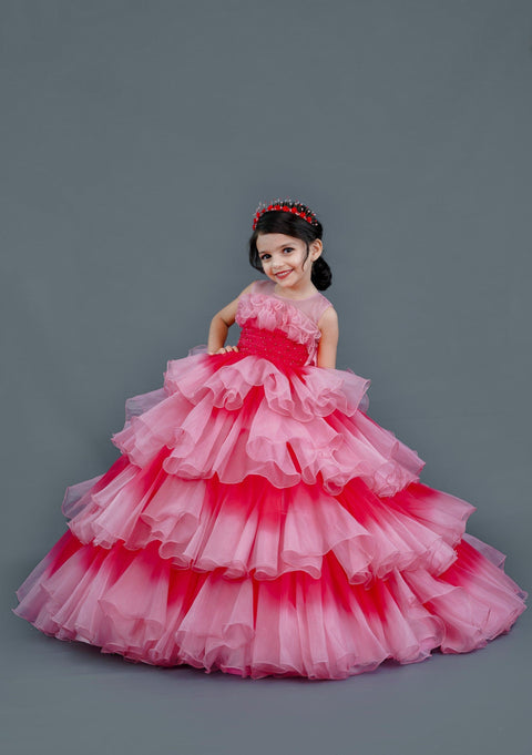 Pre-Order: Pink and coral pink ombre shaded layered gown