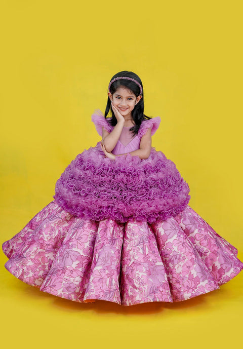 Pre-Order: Lilac and Onion pink printed panel gown