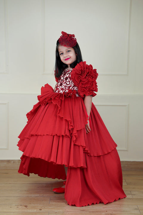 Pre-Order: Red High-Low Couture Party Wear Gown With Intricated Hand Craft Detailing