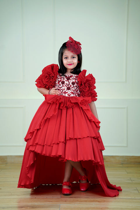 Pre-Order: Red High-Low Couture Party Wear Gown With Intricated Hand Craft Detailing