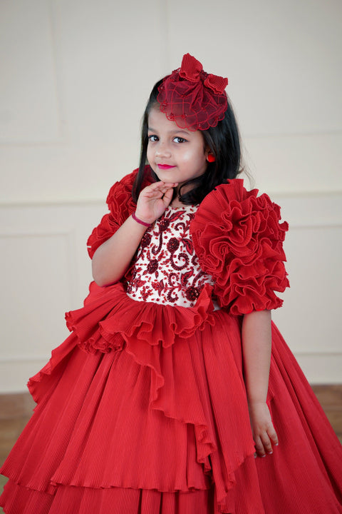 Pre-Order: Red High-Low Couture Party Wear Gown With Intricated Hand Craft Detailing