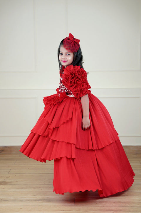 Pre-Order: Red High-Low Couture Party Wear Gown With Intricated Hand Craft Detailing