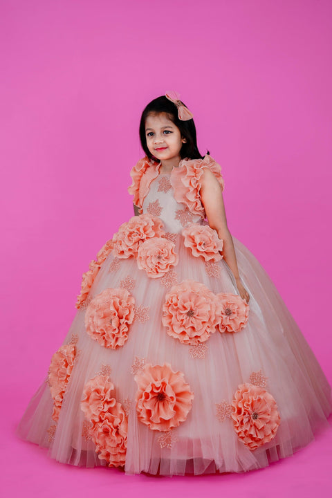 Pre-Order: Peach Colour Couture Party Gown With Hand Crafted Flower Details & Maple Leaf Applique
