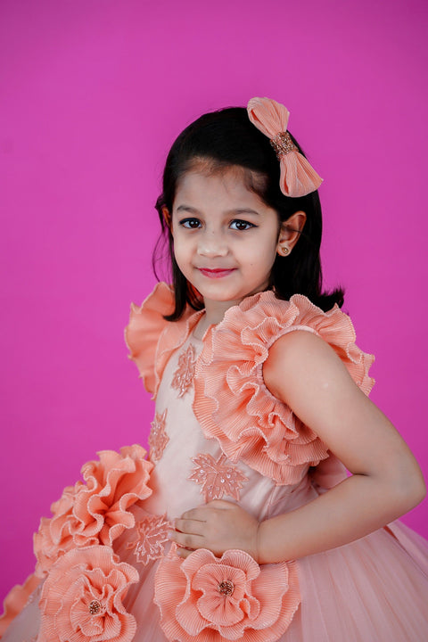 Pre-Order: Peach Colour Couture Party Gown With Hand Crafted Flower Details & Maple Leaf Applique