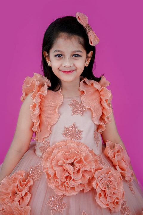 Pre-Order: Peach Colour Couture Party Gown With Hand Crafted Flower Details & Maple Leaf Applique