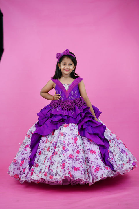 Pre-Order: Purple Designer Party Gown With Floral Printed Bottom