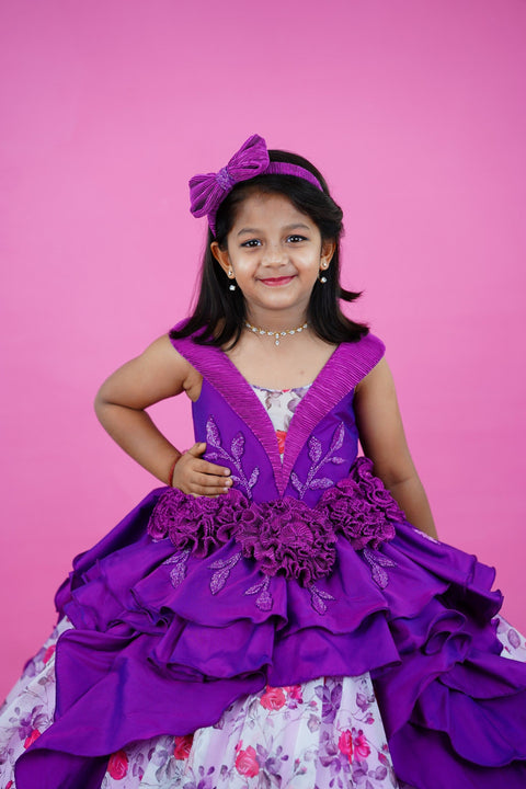 Pre-Order: Purple Designer Party Gown With Floral Printed Bottom
