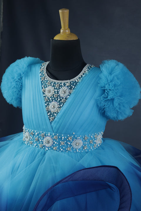 Pre-Order: Navy Blue and Sky Blue twirled gown with rich white bead work gown